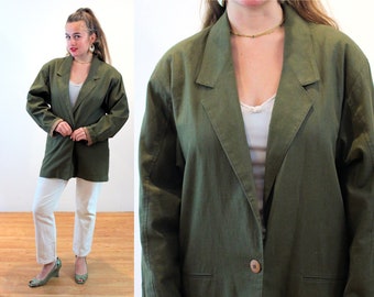 80s "Adolfo" Linen Blazer M, Vintage Olive Green Oversized 90s Menswear Style Minimalist Jacket, Medium