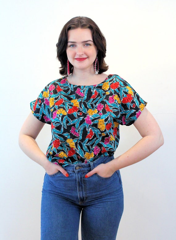 80s Jewel Tone Floral Top M, Vintage Black Pink T… - image 5