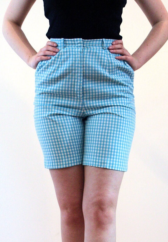 60s Blue Gingham Shorts S, Vintage Turquoise Chec… - image 5