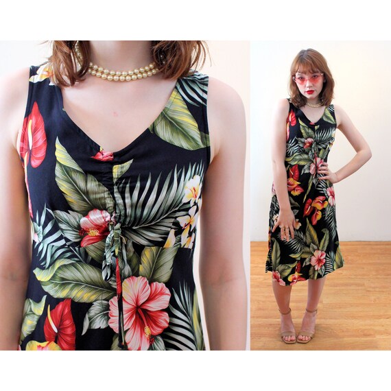 90s "Hilo Hattie" Hawaiian Dress XS, Vintage Blac… - image 1