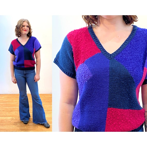 80s Colorblock Sweater Vest P M L, Vintage Purple Pink