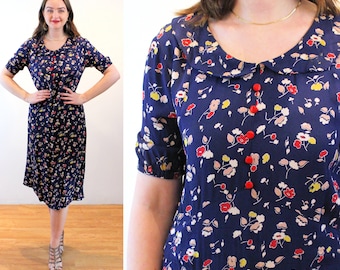 1930s Floral Dress M L, Vintage Navy Blue Red Yellow 30s Rayon Crepe Scalloped Collar Pre-WWII Frock, As Is, Medium Large