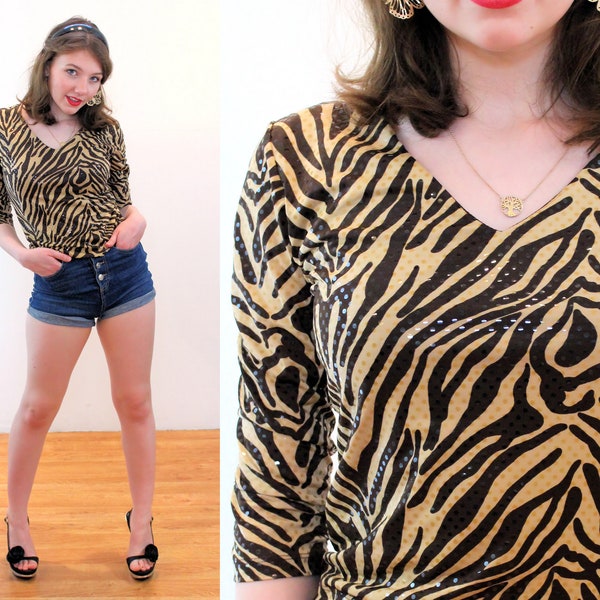 90s Tiger Stripe Top XS, Vintage Tan Brown Glam Mob Wife Iridescent Paillettes Animal Print "Erin Paige" V Neck Blouse, Extra Small