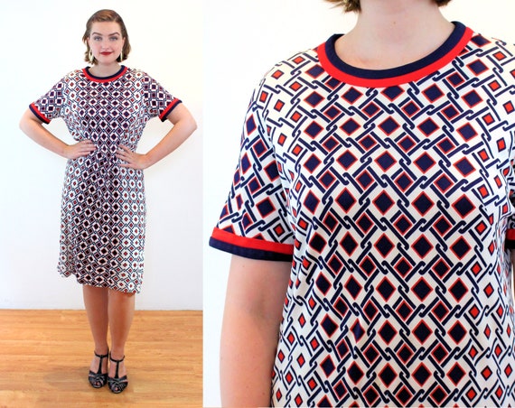 70s Op Art Mod Dress M Vintage Geometric Graphic Print by - Etsy