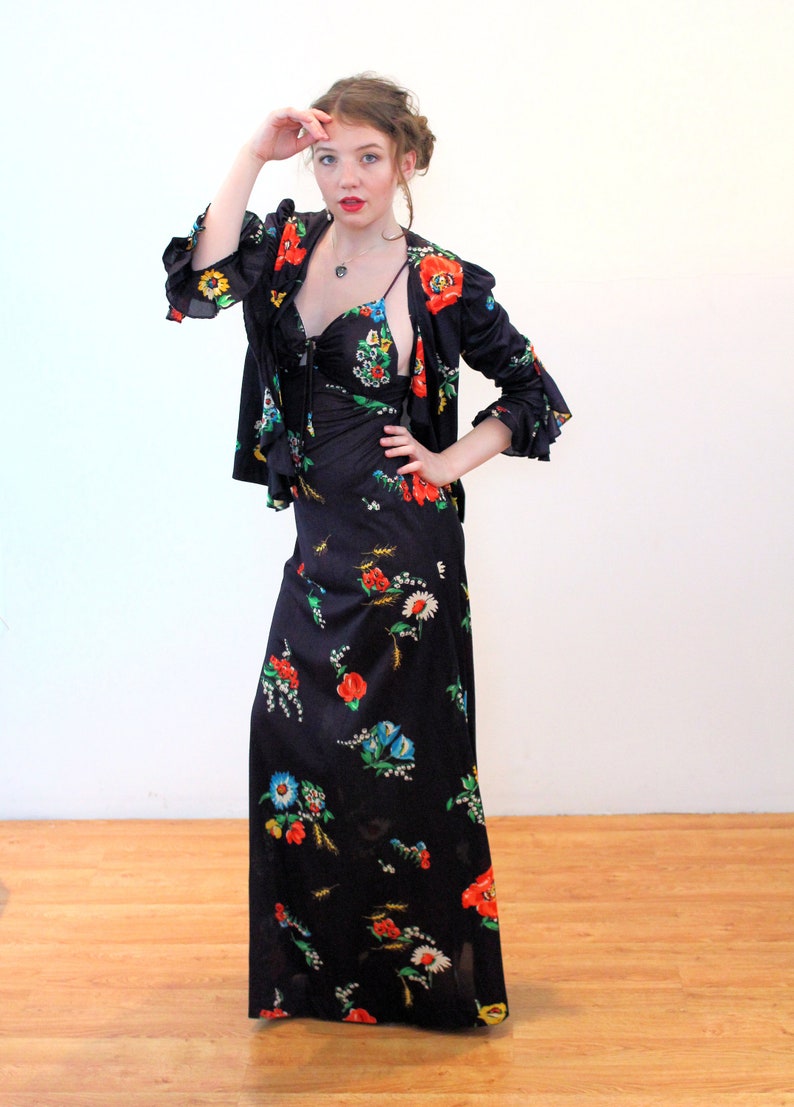 Strappy Bohemian Vintage Black Red Poppies Print Keyhole Bust Maxi 70s Floral Halter Dress /& Jacket Set XS Extra Small