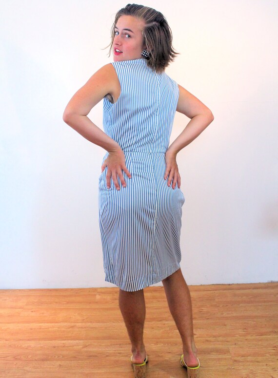 60s Blue White Striped Dress M, Vintage 1960s Cla… - image 3