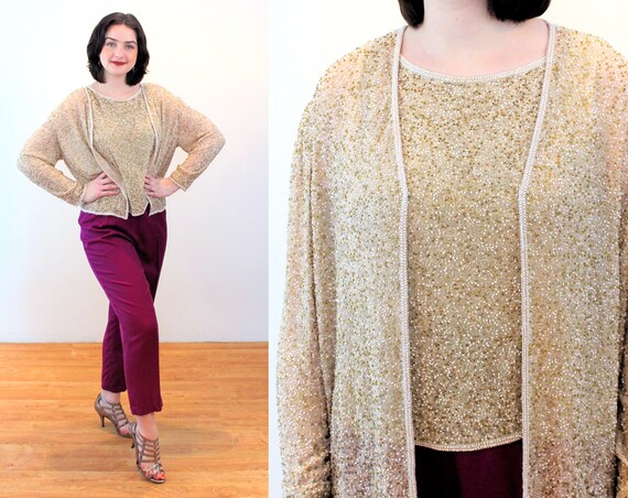 80s Beaded Silk Sweater Twin Set M 