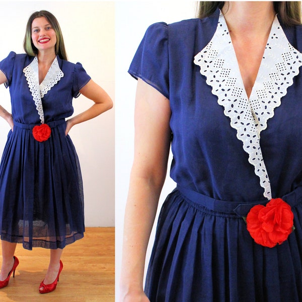 70s "Leslie Fay" Deadstock Sailor Dress M, Vintage Navy Blue White Lace Collar Red Flower Trim Romantic NOS NWT Retro Frock, Medium