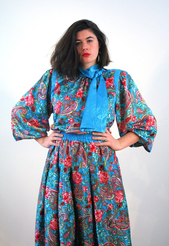 80s Diane Freis Dress M, Vintage Blue Colorful Fl… - image 5