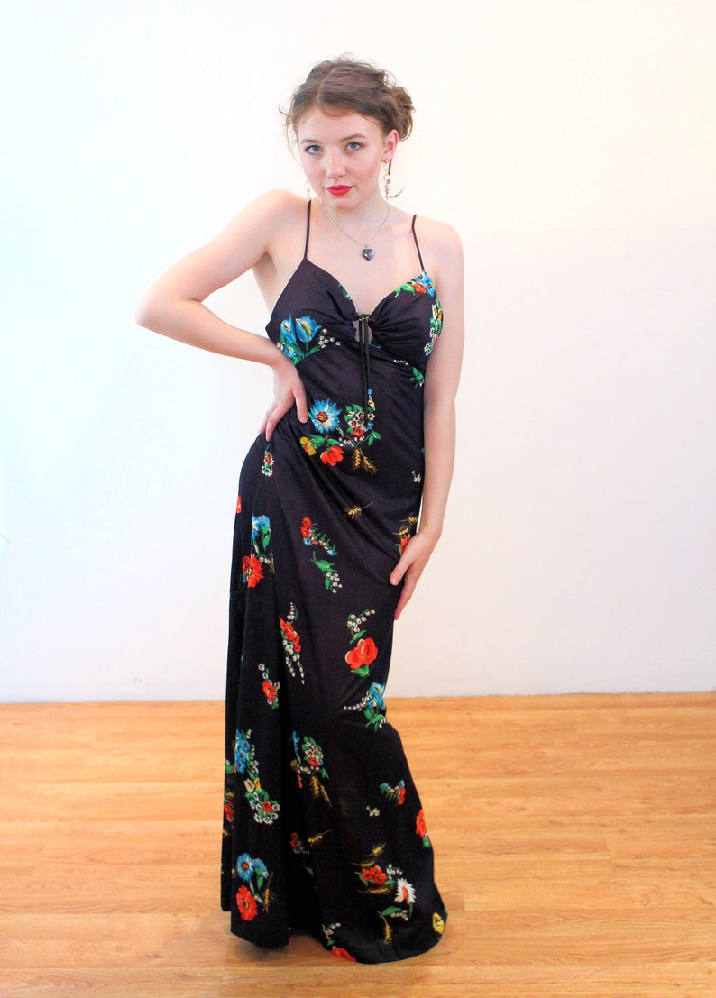 Strappy Bohemian Vintage Black Red Poppies Print Keyhole Bust Maxi 70s Floral Halter Dress /& Jacket Set XS Extra Small