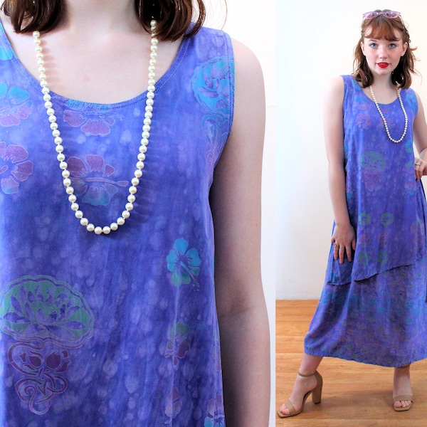 90s Indonesian Sundress S, Vintage Periwinkle Purple Batik Flowy Tiered "Global Village" Boho Midi Dress, Small