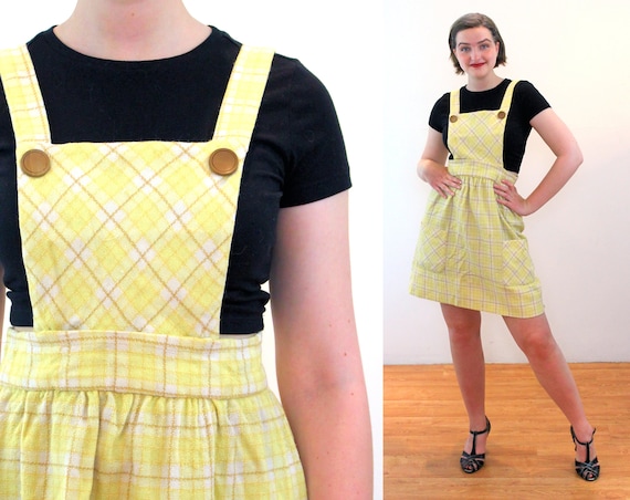 60s Pinafore Dress M, Yellow Plaid Wool Vintage Su