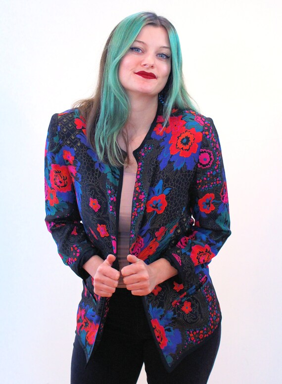 80s Floral Silk Jacket S, Vintage Vibrant Multi C… - image 5