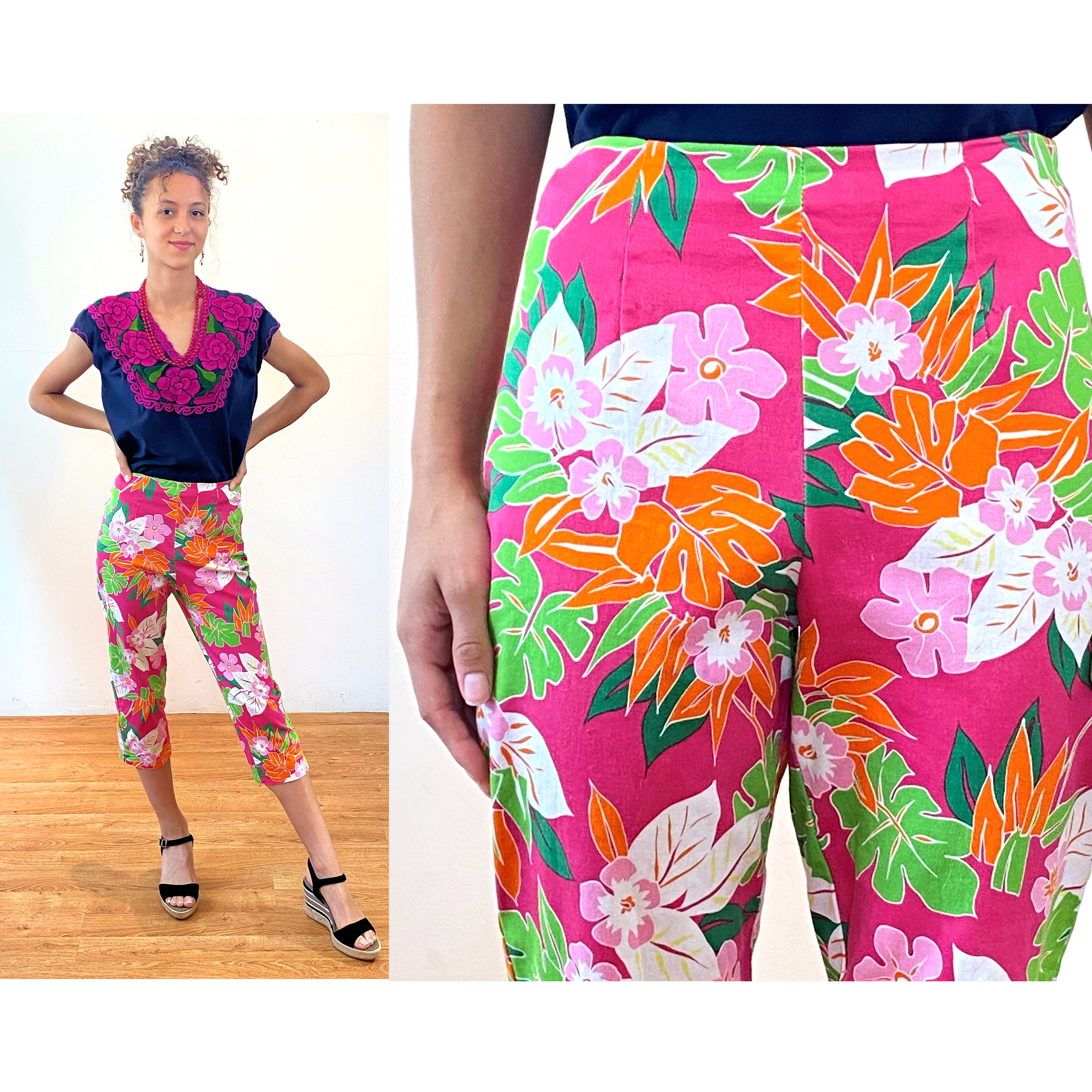 80s Tropical Floral Capris S, Vintage Hot Pink Green White Hawaiian Print  briggs Stretch Cotton Cropped Pants, Small -  Ireland