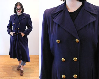40s Double Breasted Trench Coat M, Vintage Navy Blue Wool "Razook's" 1940s Military Style Brass Buttons Overcoat, Medium