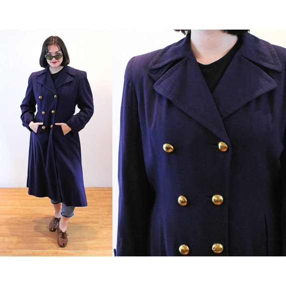 40s Double Breasted Trench Coat M, Vintage Navy B… - image 1