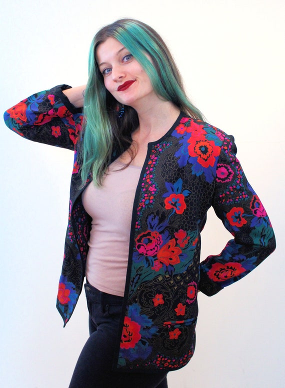 80s Floral Silk Jacket S, Vintage Vibrant Multi C… - image 4