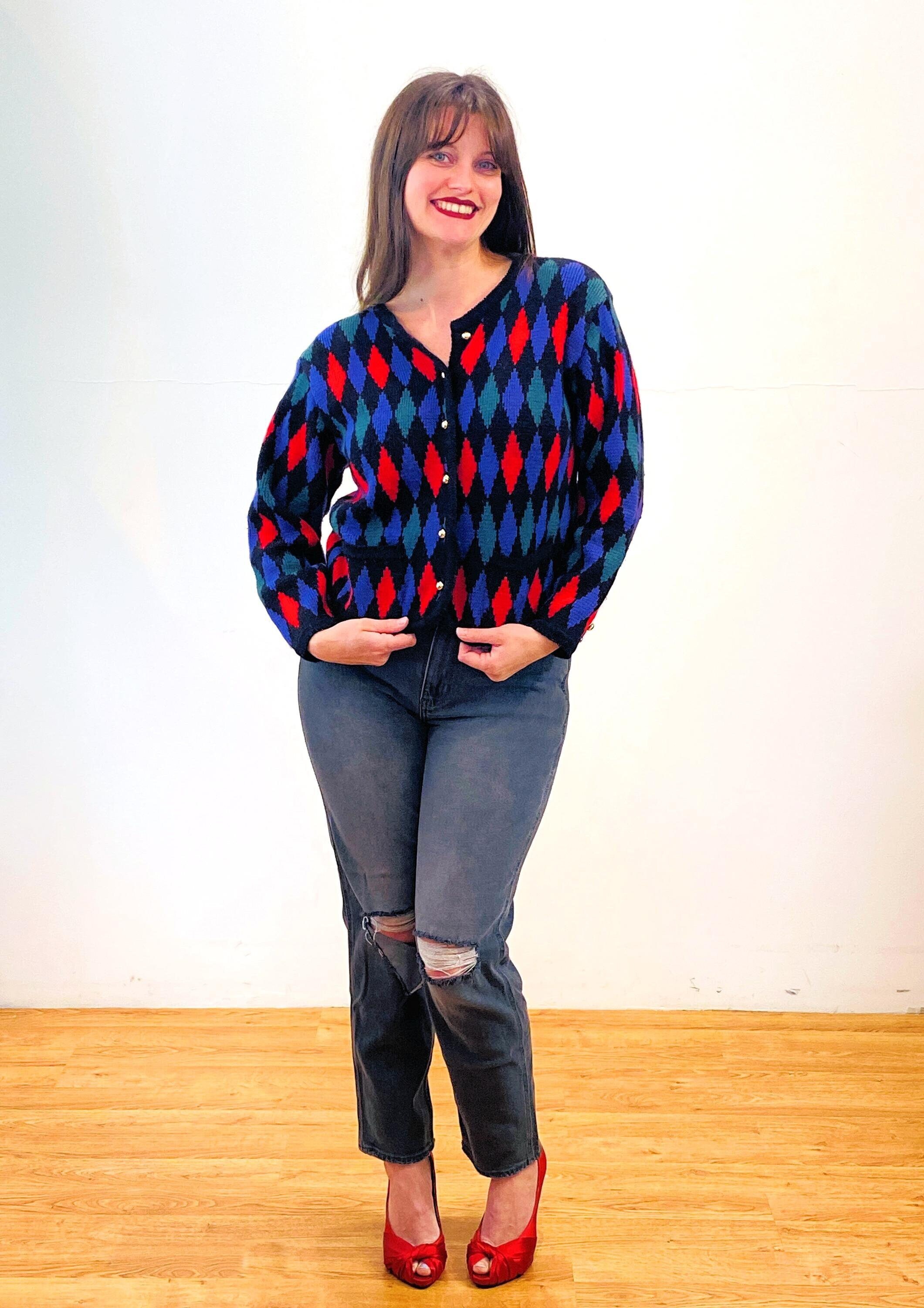 80s Harlequin Cardigan M, Vintage Colorblock Argyle Knit