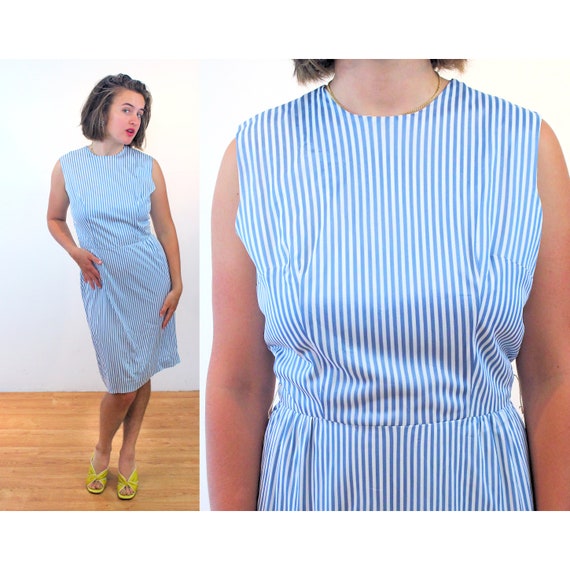 60s Blue White Striped Dress M, Vintage 1960s Cla… - image 1