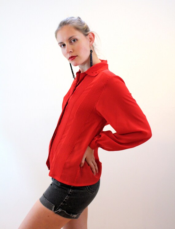 80s Red Eyelet Blouse M Vintage Chiffon Pintucks susan Hutton
