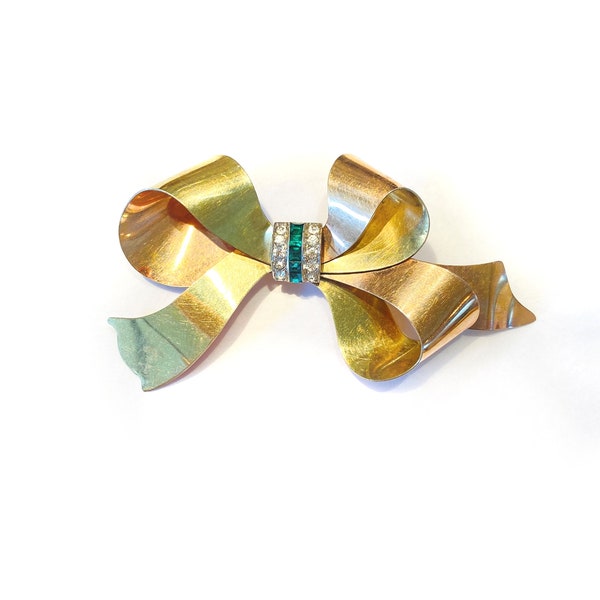 40s Gold Filled Bow Brooch, Vintage 1/20th 12 KT GF "Taylord" Rose Gold Yellow Gold Artful Ribbon Green & White Rhinestones 1940s Pin