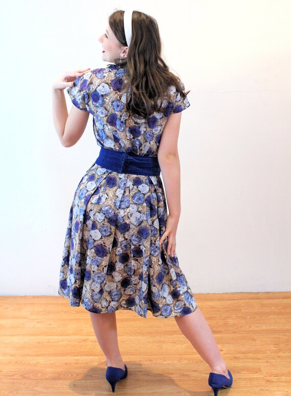 50s Floral Party Dress XS, Vintage Blue Satin Two… - image 3