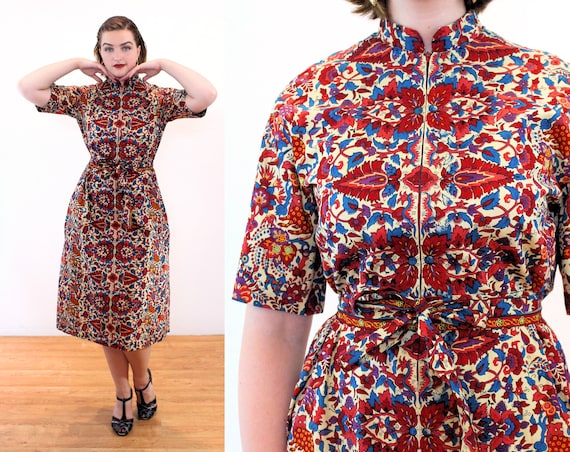 60s Wild Animals Novelty Print Dress M, African Du
