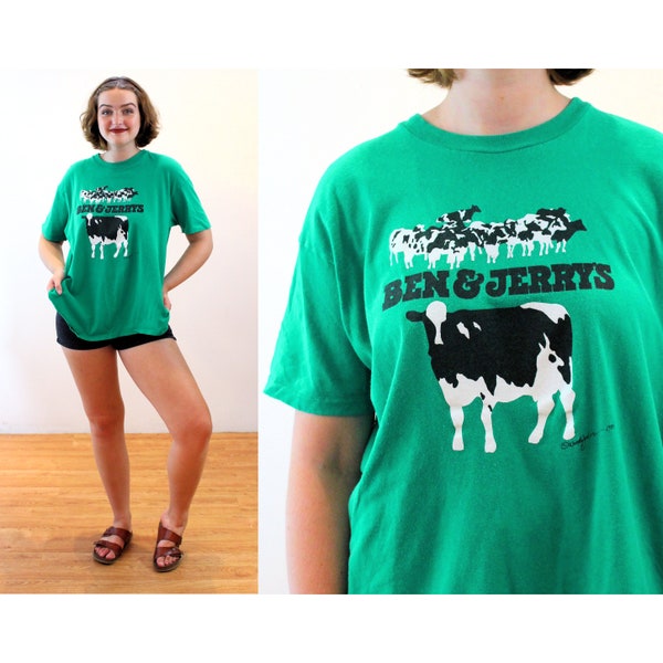 80s Ben & Jerry's Ice Cream T-Shirt XL, Vintage Green Cotton 1985 Woody Jackson Original Iconic Vermont Cow Tee, Extra Large