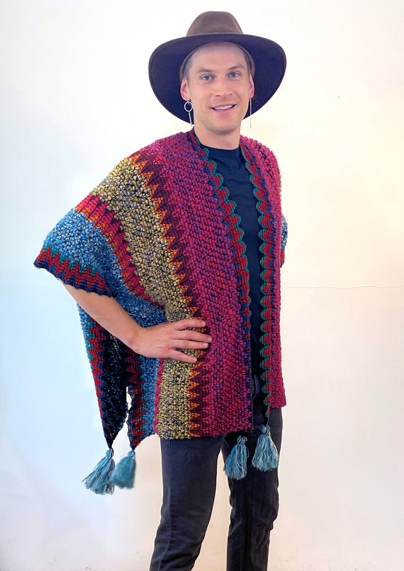 Y2K Afghan Knit Poncho, One Size, Vintage Colorful Soft Fuzzy