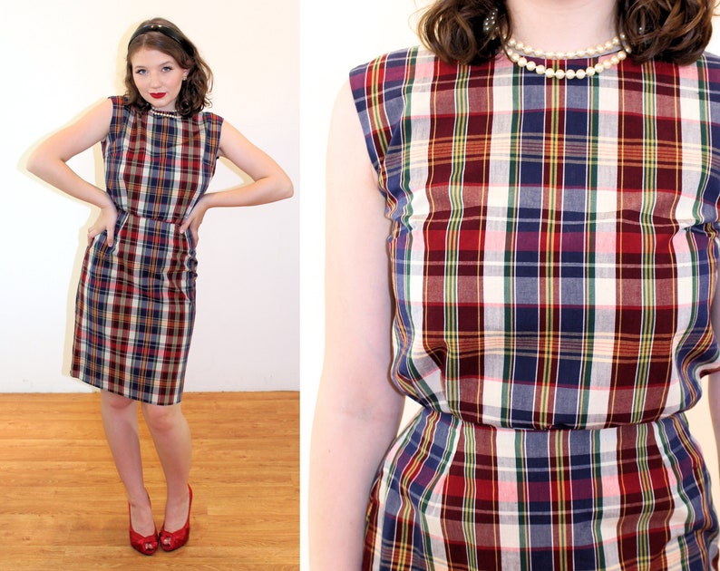 60s Plaid Two Piece Dress XS Vintage 