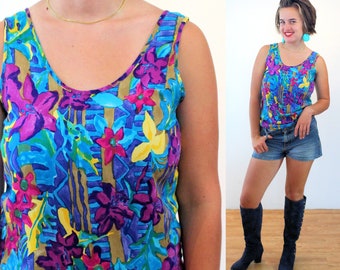 90s Colorful Tropical Tank S, Vintage Blue Purple Floral Print Rayon "Gianna" Maximalist Summer Top, Small