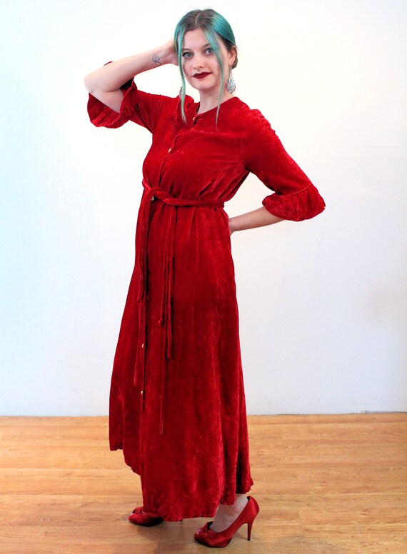 60s Red Velvet House Dress S, Vintage Crimson Dou… - image 4