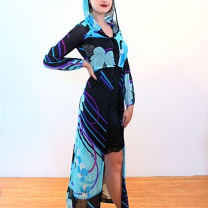 70s Mod Hooded Cloak S, Vintage Blue Psychedelic Print Swimsuit Coverup Rare Elizabeth Stewart Designer Saks 5th Ave Duster Dress, Small image 2