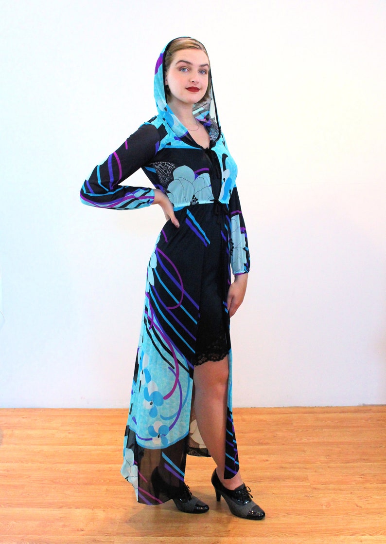 70s Mod Hooded Cloak S, Vintage Blue Psychedelic Print Swimsuit Coverup Rare Elizabeth Stewart Designer Saks 5th Ave Duster Dress, Small image 2