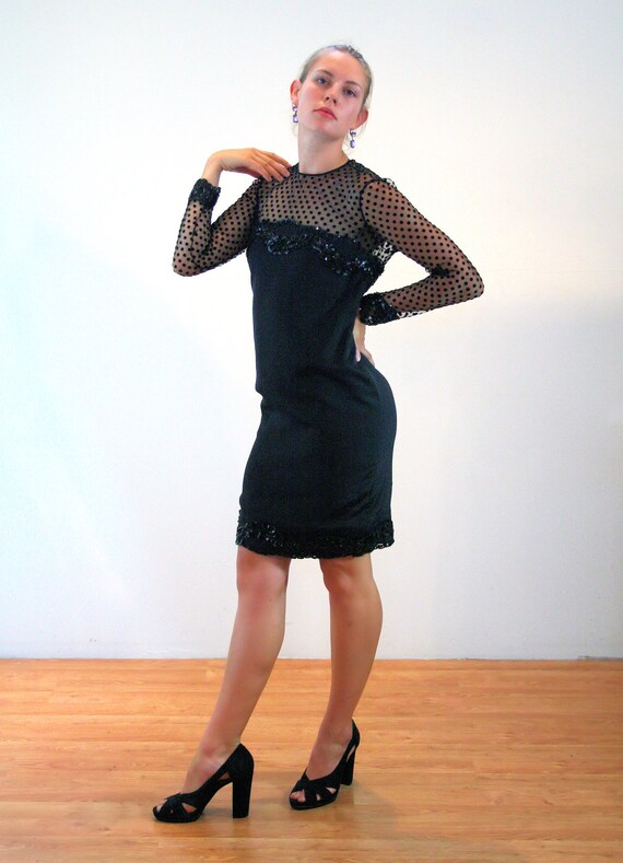 80s NOS Designer Party Dress S, Vintage Black Lac… - image 4