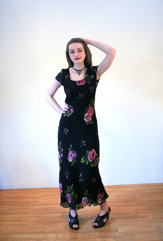90s Black Floral Dress S, Rose Print 1930s Style V
