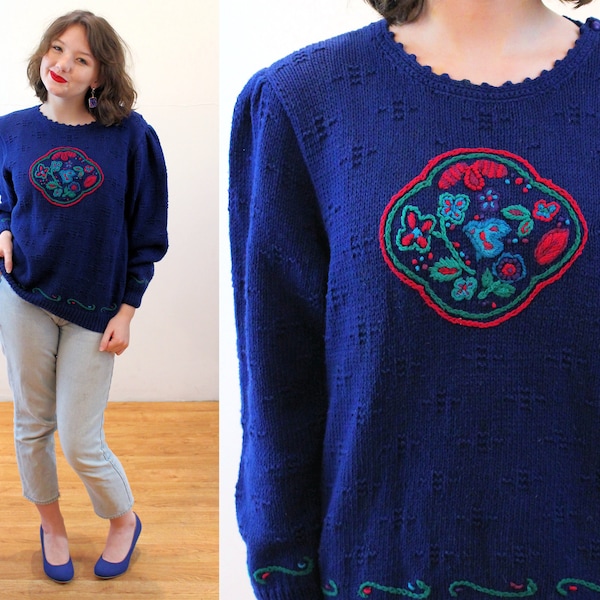 80s "Portraits by Northern Isles" Sweater S, Vintage Navy Blue Embroidered Floral Accent Ramie Cotton Pullover Jumper, Small