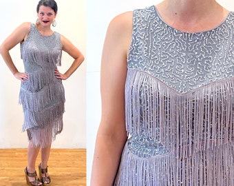 Y2K Fringe Flapper Dress M, Vintage Silver Gray Beaded Sequin Glam "Babeyond" 1920s Style Party Dress, Medium