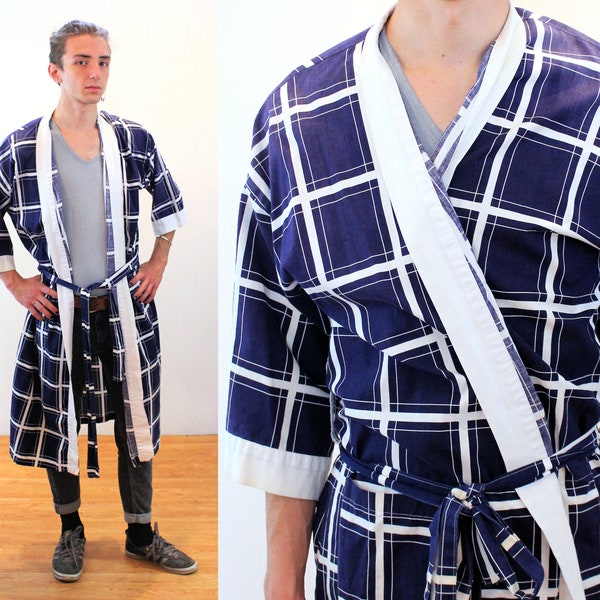 80s Bill Blass Robe M L, Vintage Blue White Plaid Cotton Men's Unisex Designer Summer Bathrobe, AS IS, Medium Large