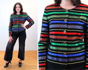 80s Metallic Rainbow Stripe Jacket M, Vintage Deadstock "Maggy London" Glam Ribbon Evening Party Blazer NWT, Medium