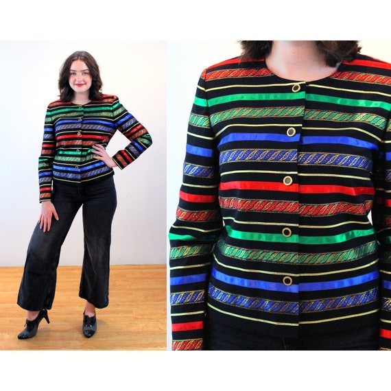 80s Metallic Rainbow Stripe Jacket M, Vintage Dea… - image 1