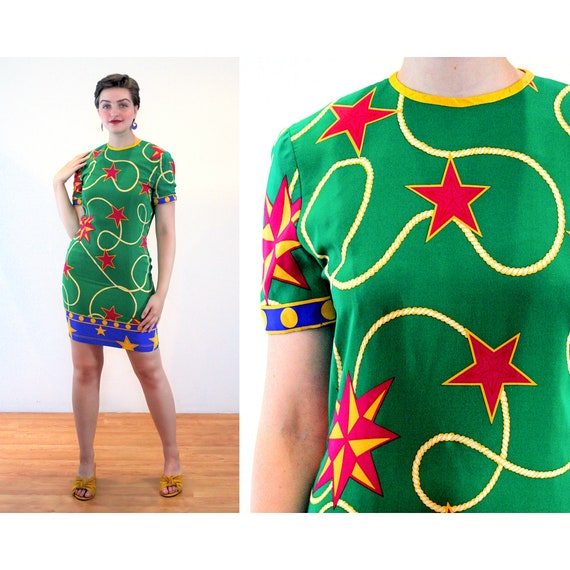 80s Silk Star Print Dress M, Vintage Green Bright… - image 1