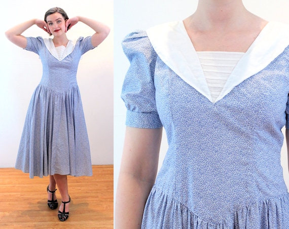 80s Sailor Dress S, Ditsy Blue Floral Cotton Puff
