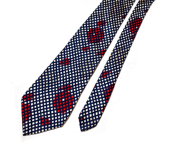 80s LANVIN Silk Tie, Vintage Navy Blue Red Tan Ge… - image 2