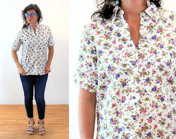 60s White Floral Blouse L Vintage 1960s 