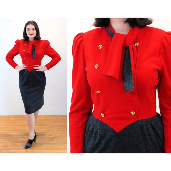 80s Military Style Dress M, Vintage Red Gray Doub… - image 1