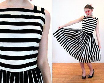 50s Striped Fit 'N Flare Party Dress XS, Vintage Black Velvet White Satin Full Skirt 1950s "Chumley" Cocktail Dress, Extra Small