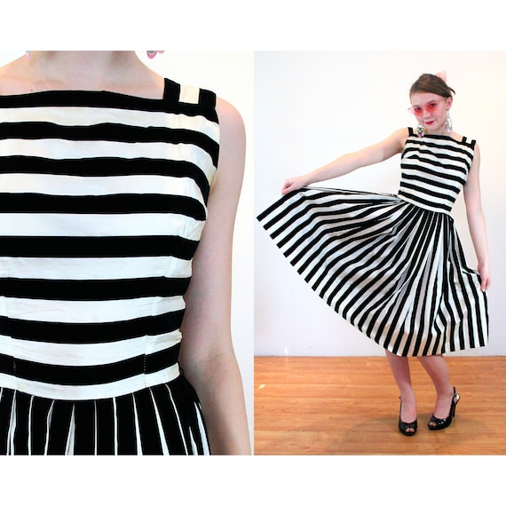 50s Striped Fit 'N Flare Party Dress XS, Vintage … - image 1