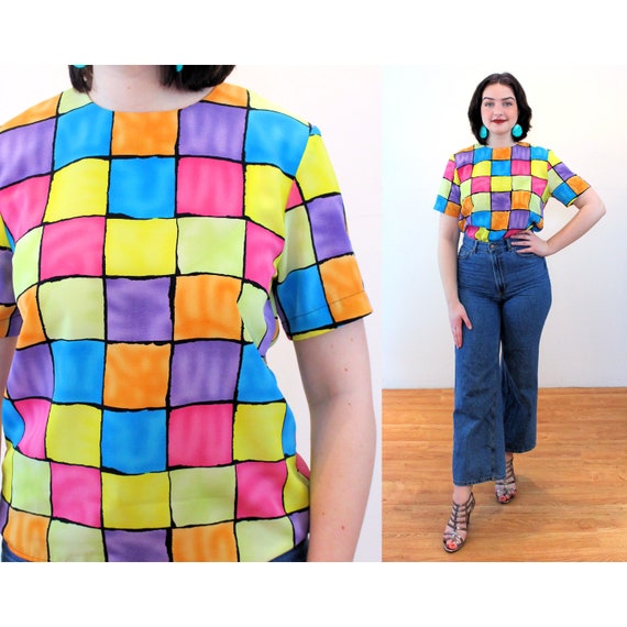 90s Checkerboard Top S, Vintage Rainbow Pastel Co… - image 1