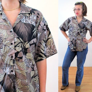 80-tals tigermönstrad skjorta M, vintage tropisk jordnära "Caribou" leopardmönstrad hawaiiansk blus, medium bild 2